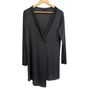 Zara Black Semi Sheer Asymmetrical Tunic Top Size L Front Slit V Neck Ribbed